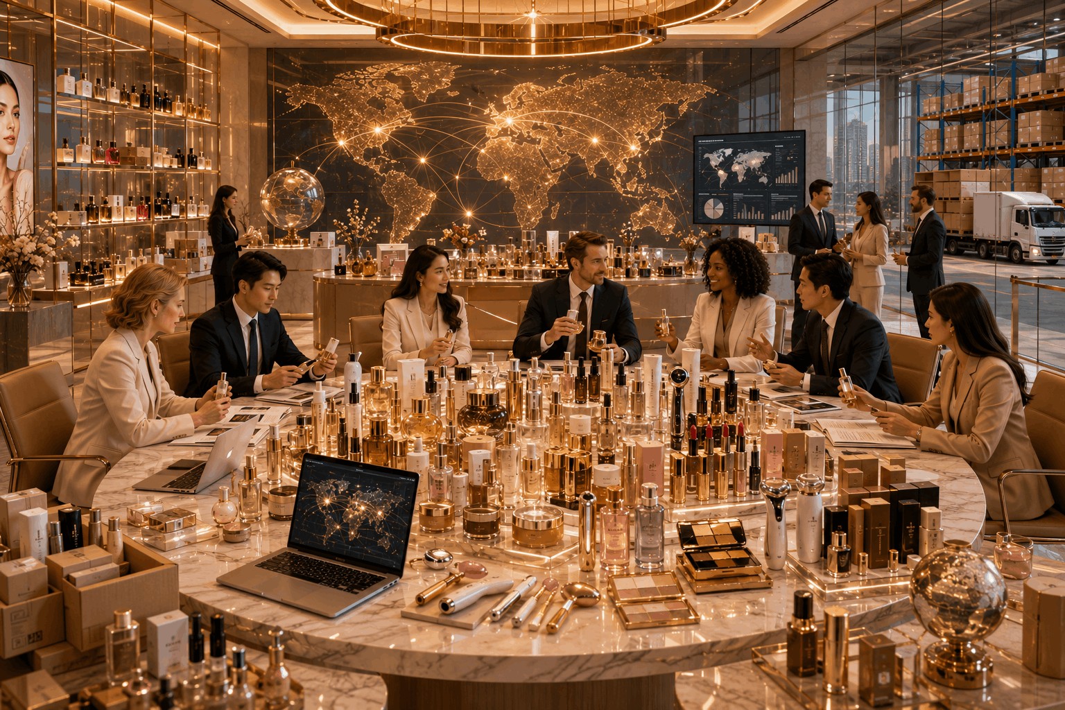 Professional beauty business partnership meeting with premium beauty products, trusted suppliers, distributors, and global beauty collaboration