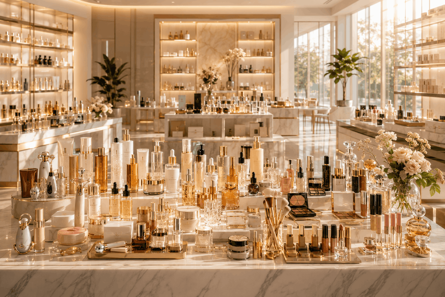 Luxury premium beauty showroom showcasing the story and journey of AMWON Beauty with skincare, cosmetics, hair care, fragrance, and wellness products