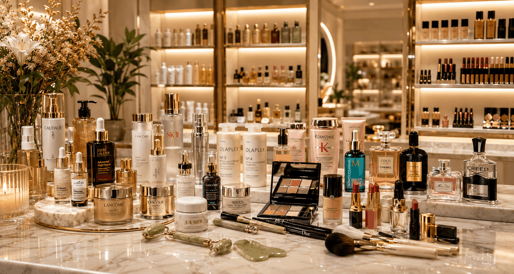 Luxury premium beauty products display featuring skincare cosmetics hair care fragrance and wellness products by AMWON Beauty